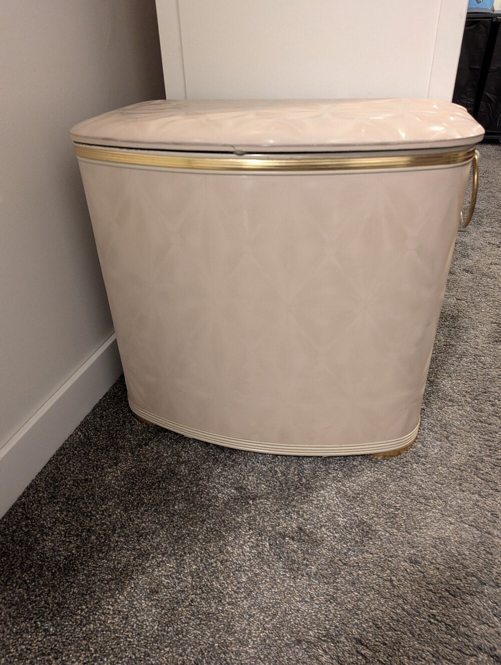 Blush Pink Laundry Hamper. Vintage, 1960s, Pearl Sheen, Vinyl Over Metal, Gold